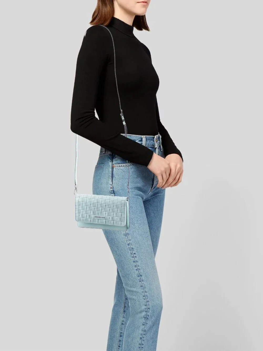 MICHAEL KORS~Jet Set Small Woven Leather Smartphone Convertible Crossbody Bag